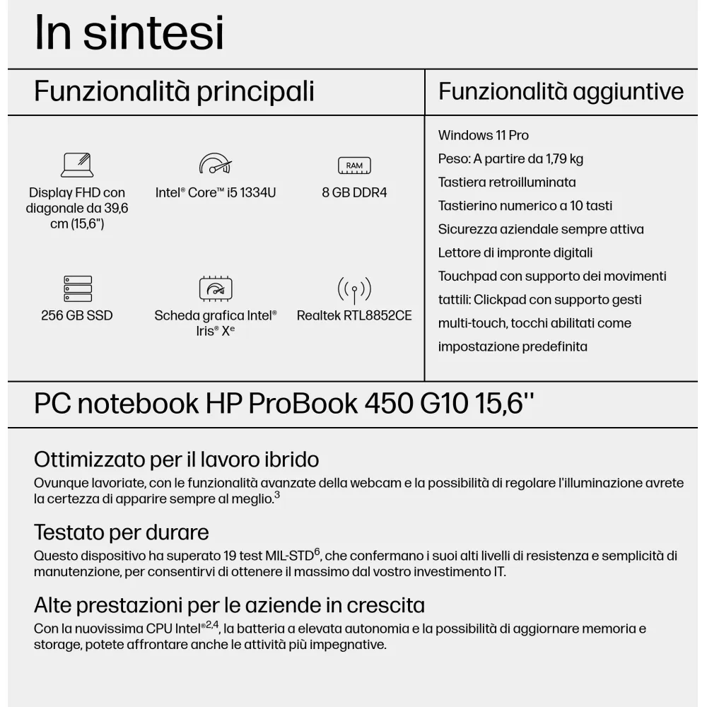 HP ProBook 450 G10 Intel® Core™ i5-1334U Notebook 39,6 cm (15.6") Full HD 8 GB DDR4-SDRAM 256 GB SSD Wi-Fi 6E (802.11ax) Windows 11 Pro Argento
