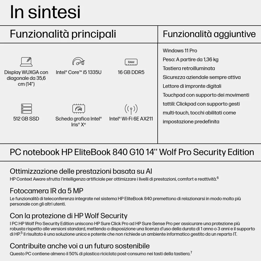 HP EliteBook 840 G10 Intel® Core™ i5-1335U Notebook 35,6 cm (14") WUXGA 16 GB DDR5-SDRAM 512 GB SSD Wi-Fi 6E (802.11ax) Windows 11 Pro Argento