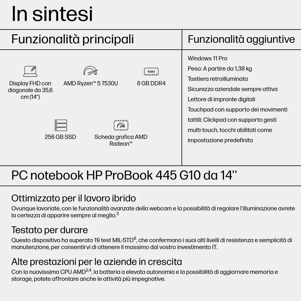 HP ProBook 445 G10 AMD Ryzen™ 5 7530U Notebook 35,6 cm (14") Full HD 8 GB DDR4-SDRAM 256 GB SSD Wi-Fi 6E (802.11ax) Windows 11 Pro Argento
