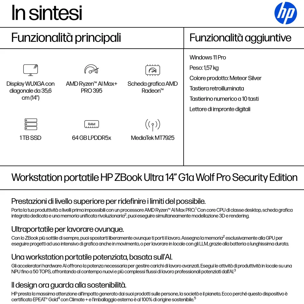 Notebook HP ZBook Ultra G1a Copilot+ PC AI Workstation Mobile Display (14") WUXGA, Cpu AMD Ryzen AI Max+ PRO 395, Ram 64 GB, SSD 1 TB, Windows 11 Pro