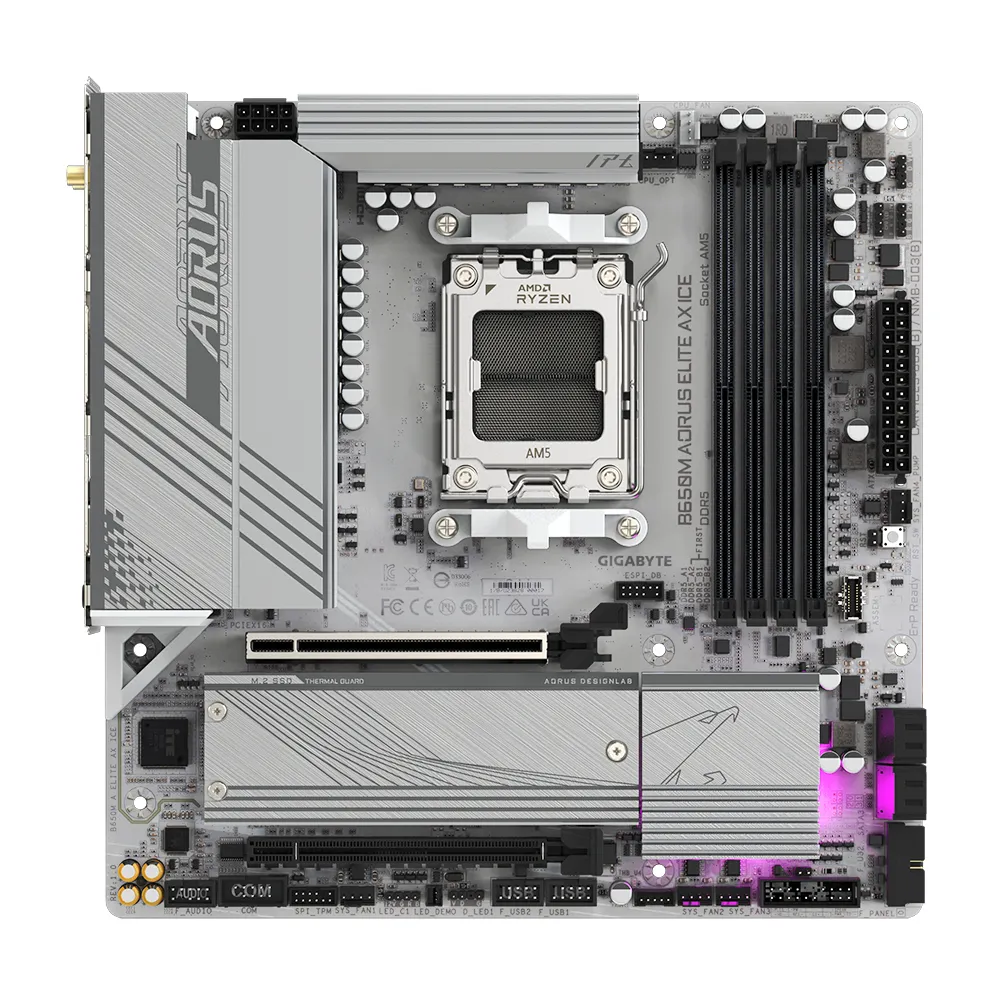 GIGABYTE B650M AORUS ELITE AX ICE Scheda madre - AMD Ryzen serie 9000, VRM a 12+2+2 fasi, fino a 8000 MHz DDR5 (OC), 1xPCIe 5.0 + 1xPCIe 4.0 M.2, LAN 2,5 GbE, WIFI 6E, USB 3.2 Gen 2x2