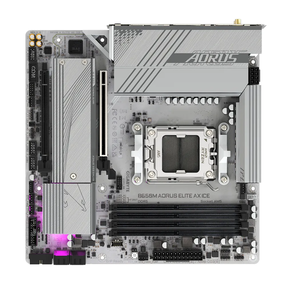 GIGABYTE B650M AORUS ELITE AX ICE Scheda madre - AMD Ryzen serie 9000, VRM a 12+2+2 fasi, fino a 8000 MHz DDR5 (OC), 1xPCIe 5.0 + 1xPCIe 4.0 M.2, LAN 2,5 GbE, WIFI 6E, USB 3.2 Gen 2x2
