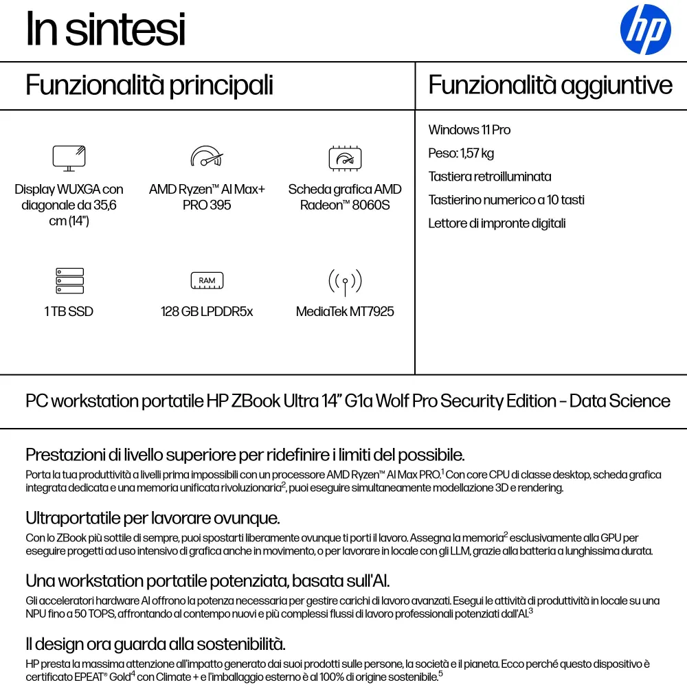 Notebook HP ZBook Ultra G1a Wolf Pro Security Edition Copilot+ PC AI Workstation Mobile Display (14") WUXGA, Cpu AMD Ryzen AI Max+ PRO 395, Ram 128 GB, SSD 1 TB, Windows 11 Pro