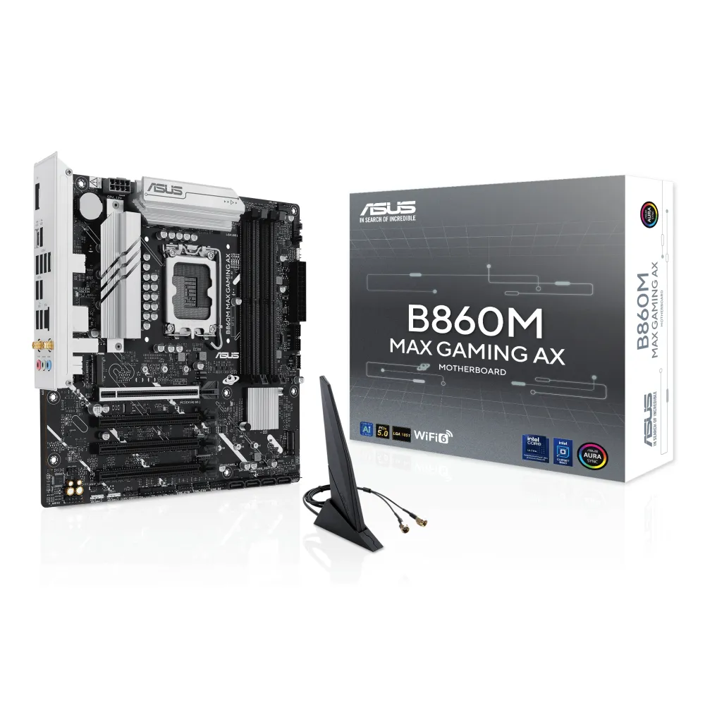 ASUS B860M MAX GAMING AX Intel B860 LGA 1851 (Socket V1) micro ATX, 2.5 Gigabit Ethernet, Wi-Fi 6 (802.11ax), Bluetooth 5.3