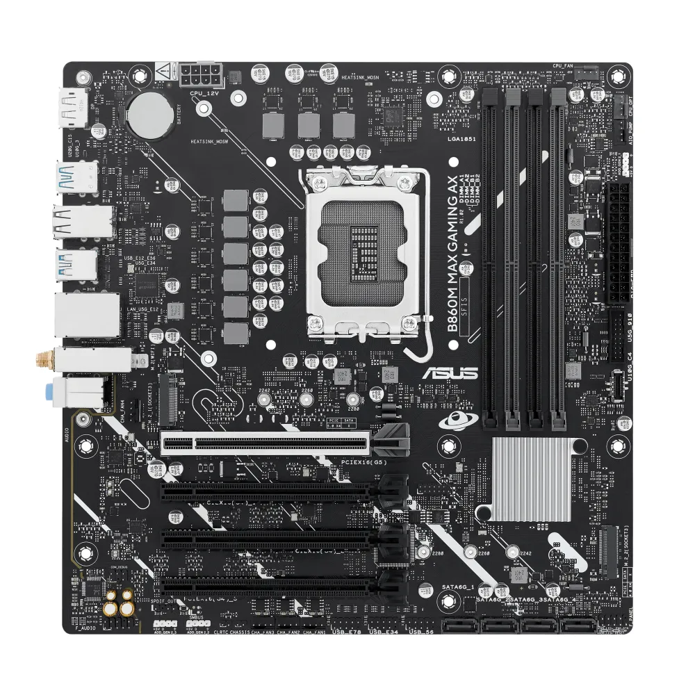 ASUS B860M MAX GAMING AX Intel B860 LGA 1851 (Socket V1) micro ATX, 2.5 Gigabit Ethernet, Wi-Fi 6 (802.11ax), Bluetooth 5.3