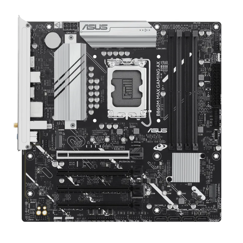 ASUS B860M MAX GAMING AX Intel B860 LGA 1851 (Socket V1) micro ATX, 2.5 Gigabit Ethernet, Wi-Fi 6 (802.11ax), Bluetooth 5.3