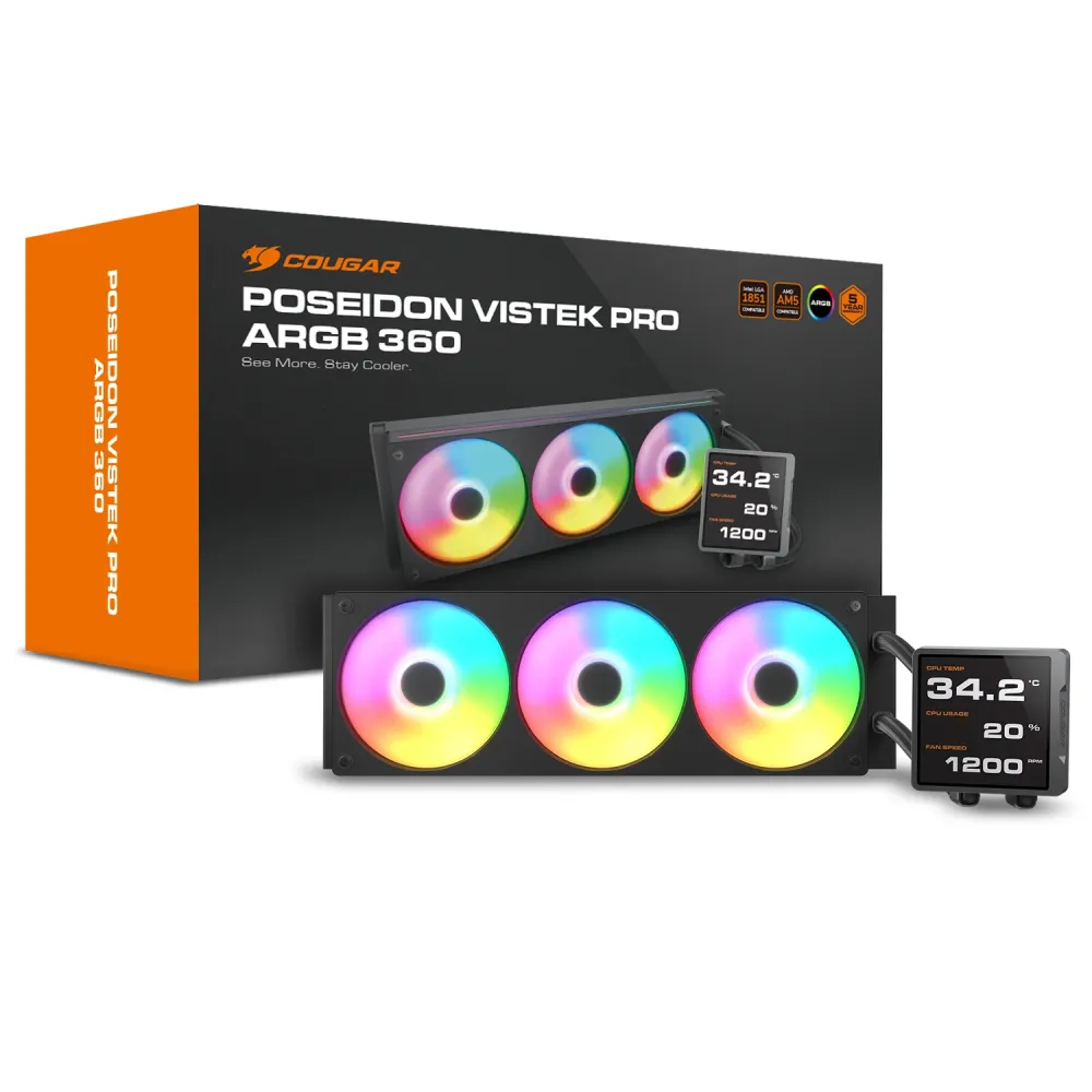 Cougar Poseidon Vistek Pro 360 - AIO, LGA1851-1700-1200-AM5-AM4, Radiatore 360mm, ARGB, Display IPS