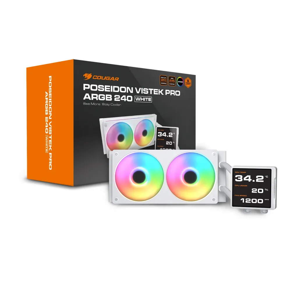 Cougar Poseidon Vistek Pro 240 - AIO, LGA1851-1700-1200-AM5-AM4, Radiatore 240mm, ARGB, Bianco, Display IPS