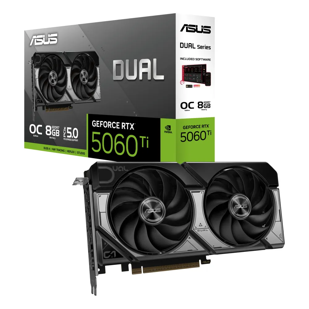 ASUS Dual-RTX5060TI-O8G NVIDIA GeForce RTX 5060 Ti 8 GB GDDR7, 7680 x 4320 Pixel 128 bit 28 Gbit/s PCI Express 5.0, Quantità porte HDMI: 1, DisplayPorts: 3