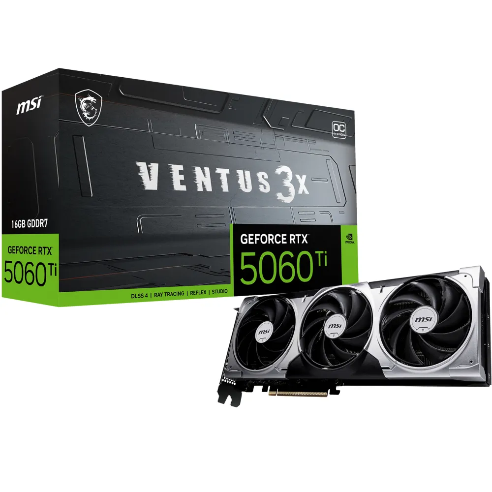 MSI VENTUS GeForce RTX 5060 TI 16G 3X OC NVIDIA 16 GB GDDR7, 7680 x 4320 Pixel 128 bit 28 Gbit/s PCI Express x16 5.0, Quantità porte HDMI: 1 Quantità DisplayPorts: 3