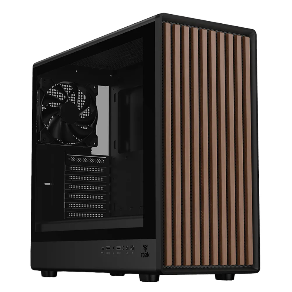 Case WOODY W2B - Gaming Tower- ATX- 4x14cm Black fan- 2xUSB3- Type-C- Wood Front- Darker Temp Glass Side Panel