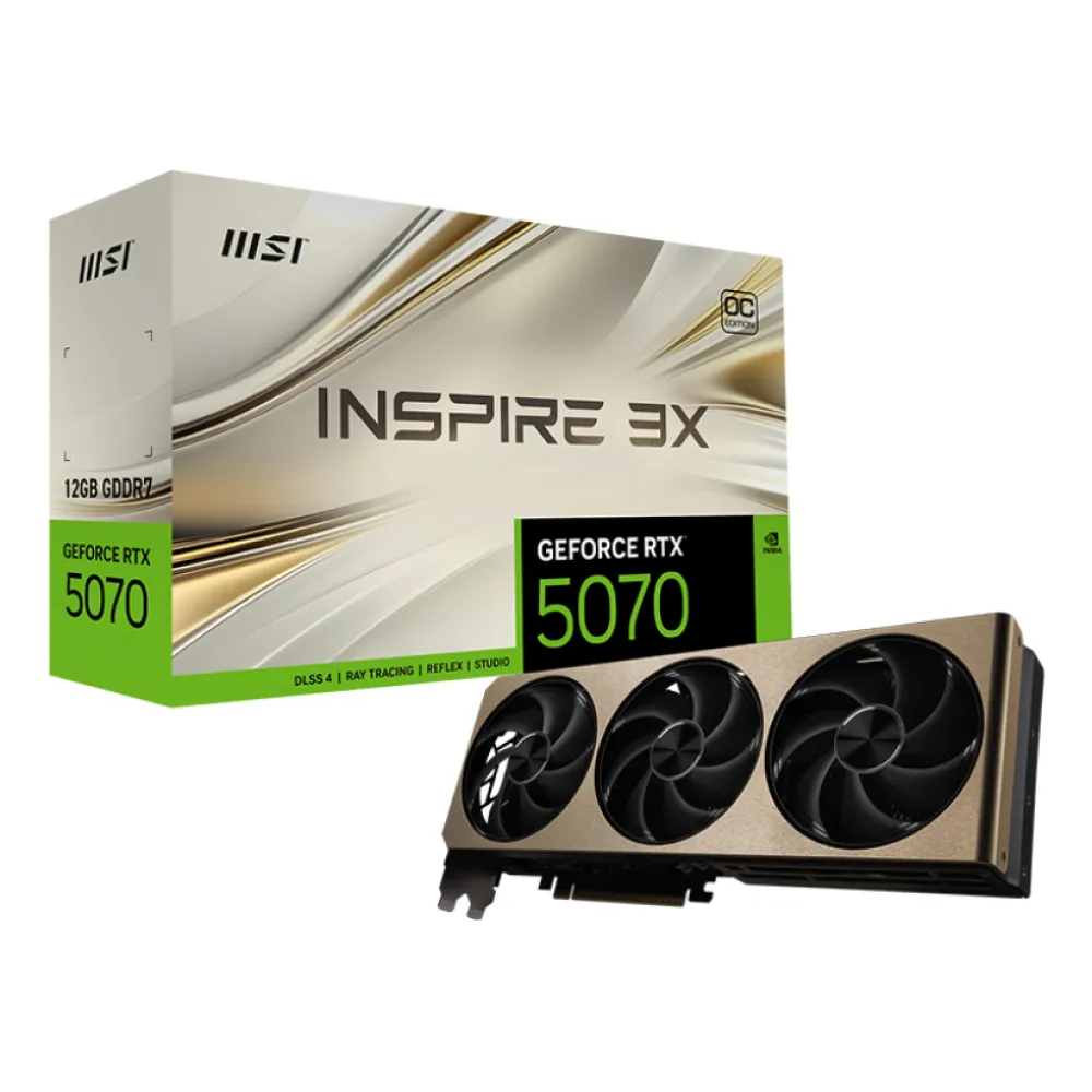 MSI GeForce RTX 5070 12G INSPIRE 3X OC NVIDIA 12 GB GDDR7, 7680 x 4320 Pixel 192 bit 28 Gbit/s PCI Express 5.0, Quantità porte HDMI: 1, DisplayPorts: 3