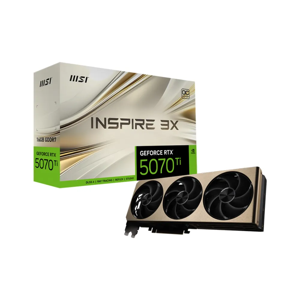 MSI GeForce RTX 5070 Ti 16G INSPIRE 3X OC PLUS NVIDIA 16 GB GDDR7, 7680 x 4320 Pixel 256 bit 28 Gbit/s PCI Express 5.0, Quantità porte HDMI: 1, DisplayPorts: 3