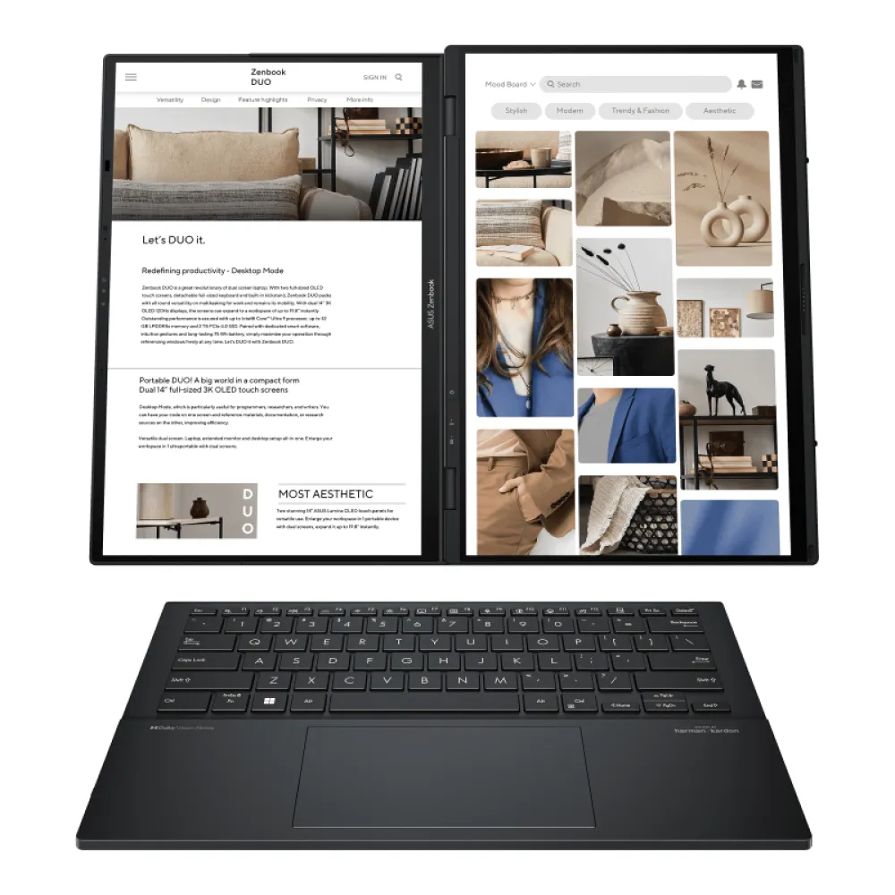 ASUS Zenbook Duo UX8406 Intel Core Ultra 7 155H Notebook 35,6 cm (14") Touch screen 3K 32 GB LPDDR5x-SDRAM 1 TB SSD Wi-Fi 6E (802.11ax) Windows 11 Pro Grigio